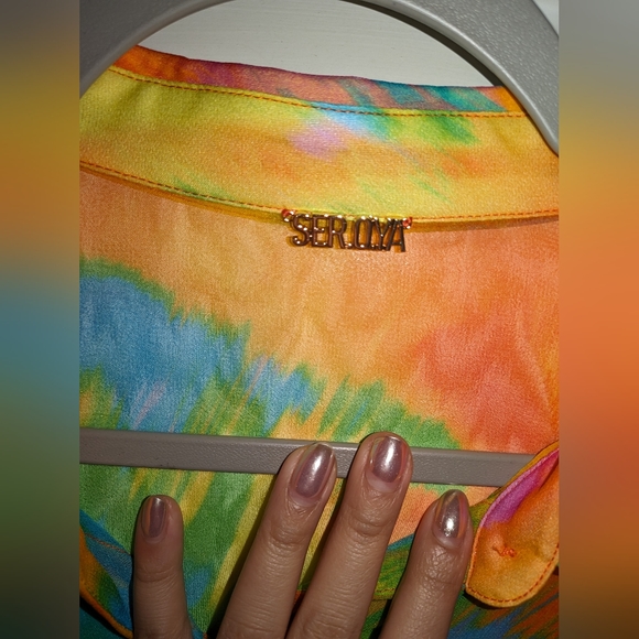 7. NWT SER.O.YA SILK CHIFFON BLOUSE & PANT SET IN ABSTRACT PALM - Picture 4 of 8